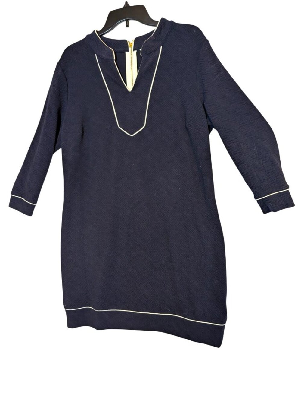 Crown & Ivy Navy Blue Textured Tunic Dress W/ White Trim Long Sleeves Size L Cot